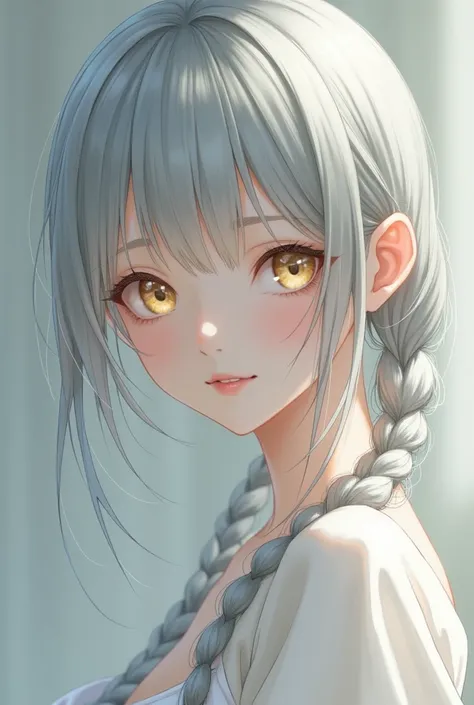  top quality,  high image quality,  masterpiece , Gray hair,  golden eyes,  in white clothing ,  looking up ,  upper body , strands of hair,  fair skin ,  side braids ,  smiling, Double Teeth