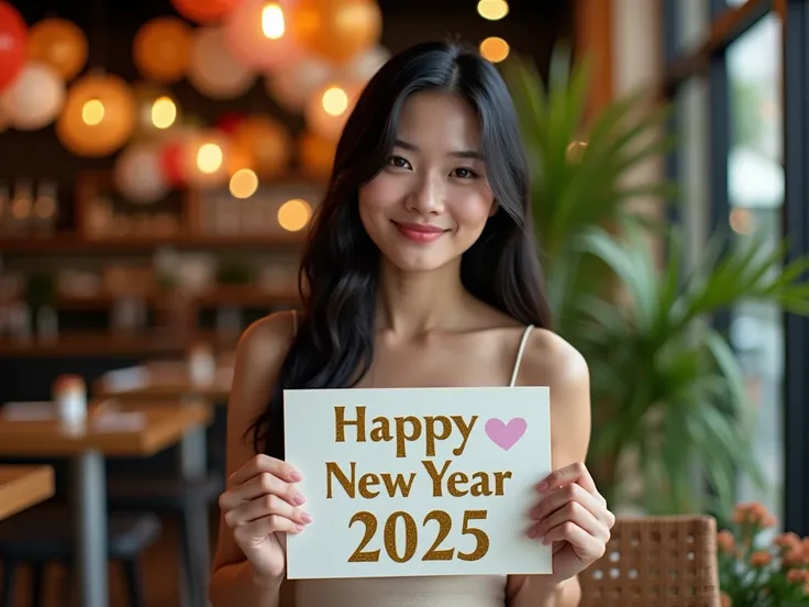 
"A young Thai woman, around 24 years old, with sleek black hair styled naturally, sitting elegantly in a cozy, modern café. She is holding a sign that reads Happy New Year 2025 in stylish and festive lettering. The café is beautifully decorated with color...