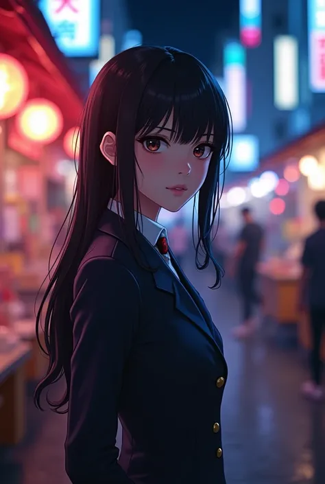 ( backlight,belly button:1.1, black hair),Beautiful woman in uniform on the bustling street of Gintama,  Surrounded by Many Street Stalls , Beautiful Goddess Portrait,  beautiful detailed face ,  Pottery Like Skin , Half Body Shot, Center,((moonlight,  kni...