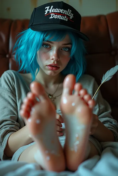 18 year old blue hair punk teen girl, pale, freckles, sweaty wet shiny bare soles close to camera, leather couch, milk splash on soles, feather, wearing heavenly donuts visor