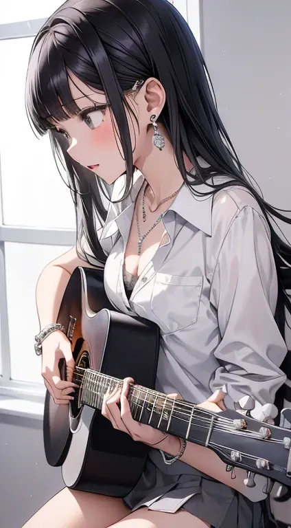 (masterpiece,  detailed、 top quality),  cool girl,   College Student 、 school uniform 、Slim body、 thin、 white shirt、Silver earrings、 silver necklace 、Silver bracelet、 cleavage、 black short skirt、 Black Niso、 black hair short,  straight bangs,  pink panties...