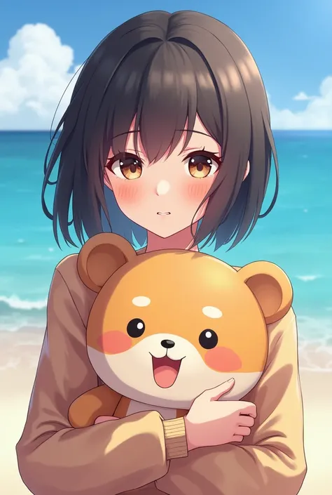 A woman is holding a stuffed animal on the beach,  cute realistic portrait ,  cute anime girl,  anime girl auto  , smooth anime cg art,  GUWEIZ STYLE ARTWORK , portrait of  cute anime girl, Cute portrait,  Beautiful Animated Portraits ,  beautiful anime gi...