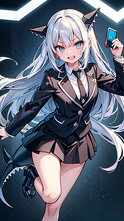 shark girl,long hair down to the waist, eyes are in shadow, holding a smartphone in front of the face,she is stepping on a male students head with her right foot, wearing a blazer-type uniform, long skirt, jagged teeth. Illustrations of jagged teeth have b...