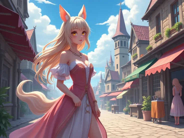   anime style, animal with few human features, femenino, regular size, civilian clothes, Medieval fantasy city.