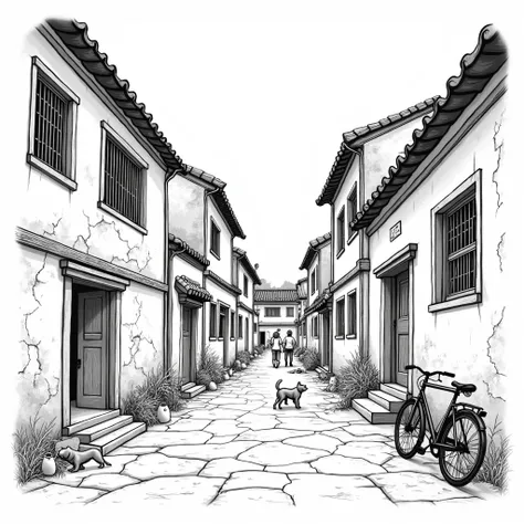 A cartoon-style black-and-white line art illustration of a dilapidated old Beijing Siheyuan (courtyard house) in a Hutong. The scene features a narrow, weathered alley with traditional low single-story buildings, all showing signs of age and neglect. The b...