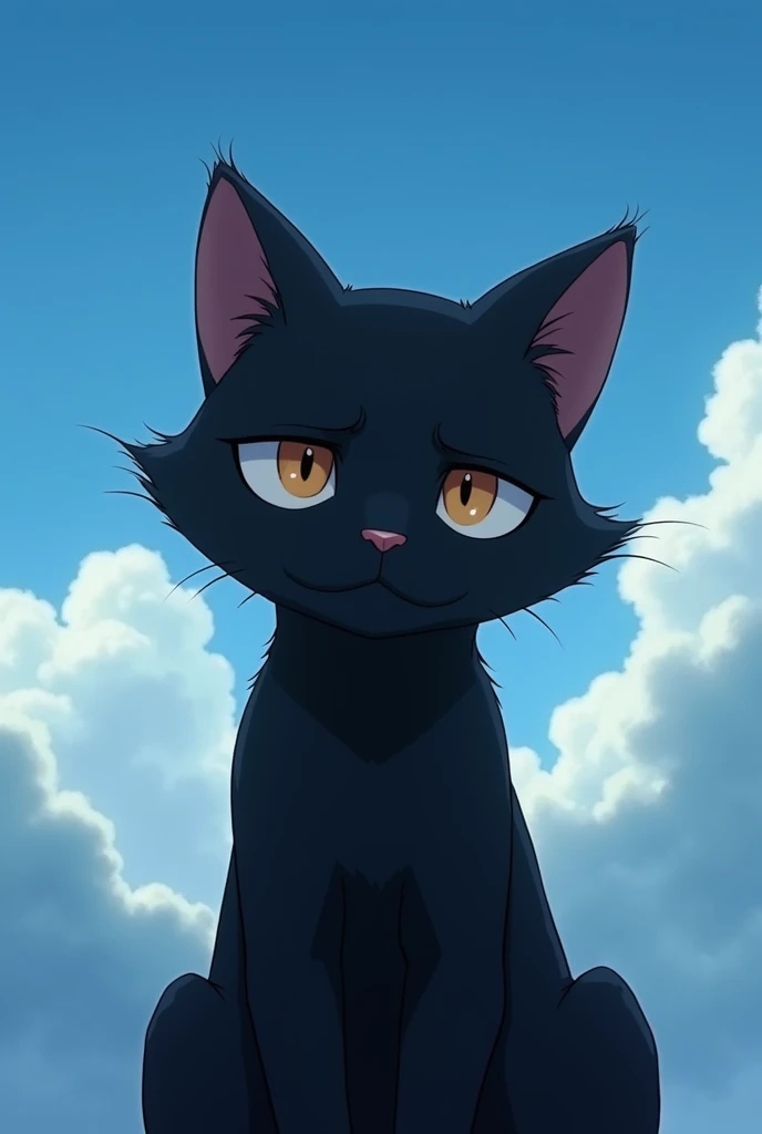 A black cat that looks sad on its ears. Studio Ghibli slideshow , The background is the sky.