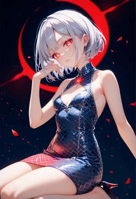 intricate details, delicate features,1girl, Alone,silver hair, red glowing eyes, bob cut sharp facial features, breasts,porcelain skin,small breasts,1girl, solo,jacquard dress ,high heels,night view,moon