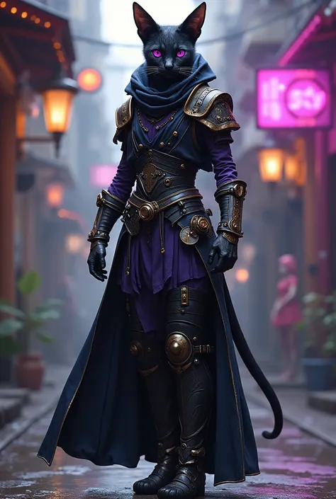  Create a skinny tabaxi , color by black ,  with the color of the purple eye ,  wearing steam punk armor wearing clothes from the Arcane series