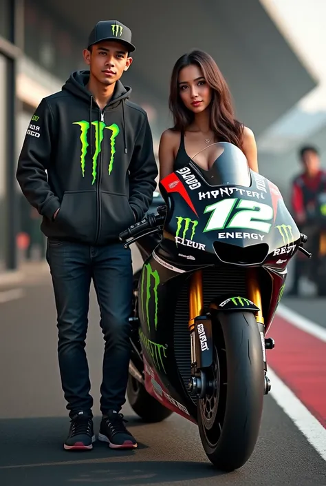 Foto realistis detail UHD Livery Nomor 12 MotoGP Monster Energy Motor Balap 2024, Pria Indonesia Tampan Berusia 25 Tahun Berdiri Mengenakan Topi Basket 12, Jaket Sweater Hoodie, dan Wanita Indonesia Cantik payudara besar Pakai tangtop