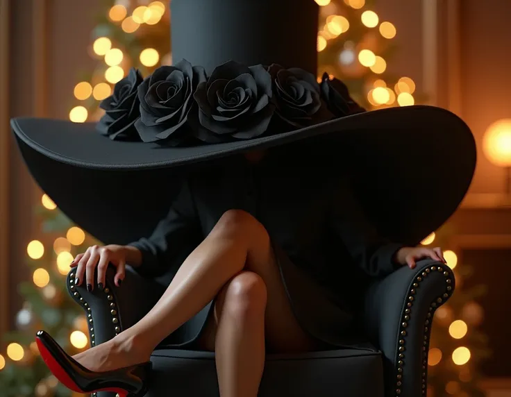 surrealism, Very, very Large black wide-brimmed hat with black roses elegantly placed on a luxurious velvet art deco chair. From under the hat, elegant crossed legs in black Louboutin pumps with red soles are visible. warm golden lighting, bokeh of Christm...