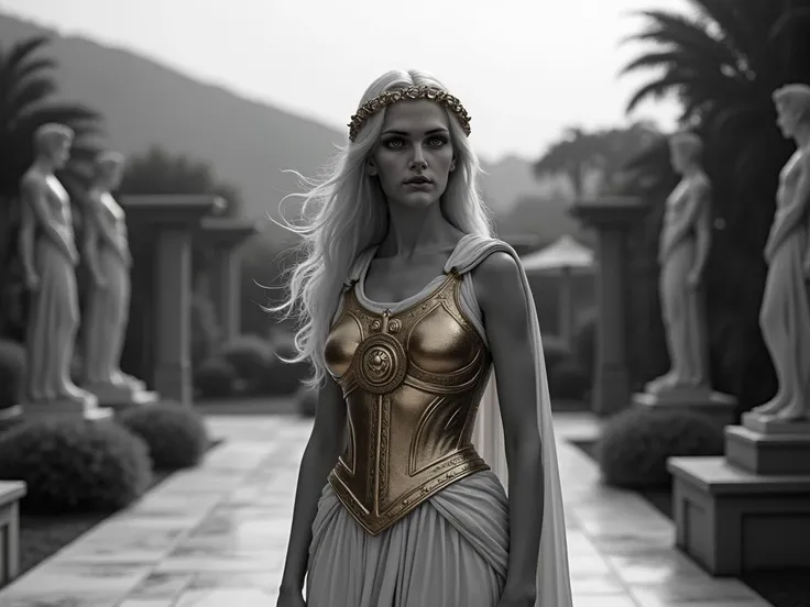 " A dramatic black and white cinematic scene ,  with the Goddess Athena in full body ,  standing in a serene and classic garden . Her skin is completely monochromatic, in natural and detailed gray tones,  without any pigmentation or traces of red .  Athena...