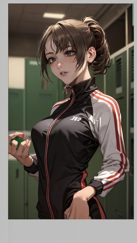 locker room,track suit,(Thin type:1.5),(large breasts),(random hairstyle),(Highest image quality,(8K), Ultra-realistic, Best Quality, High quality, High Definition, high quality texture, high detailing, Beautiful detailed, fine detailed, extremely details ...