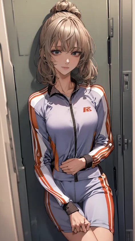 locker room,track suit,(Thin type:1.5),(large breasts),(random hairstyle),(Highest image quality,(8K), Ultra-realistic, Best Quality, High quality, High Definition, high quality texture, high detailing, Beautiful detailed, fine detailed, extremely details ...