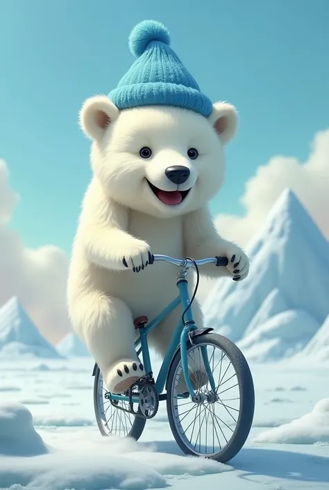  A polar bear with a blue hat, on a bicycle  