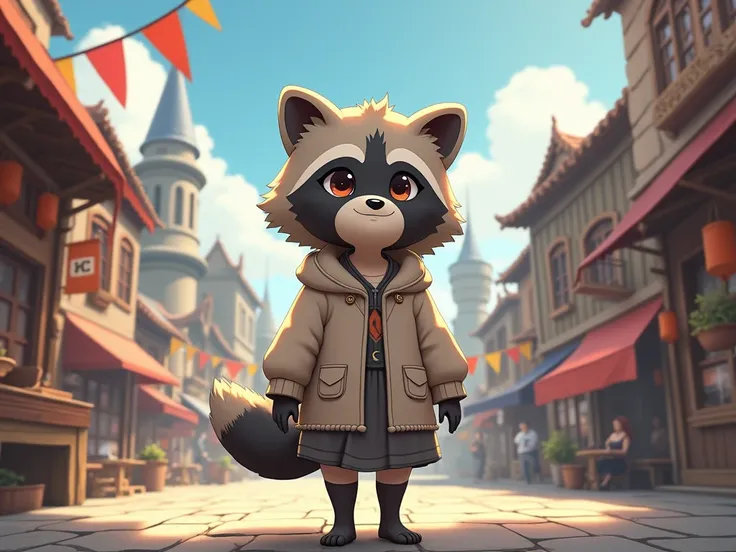   anime style, Raccoon with few human features, femenino, regular size, civilian clothes, Medieval fantasy city.