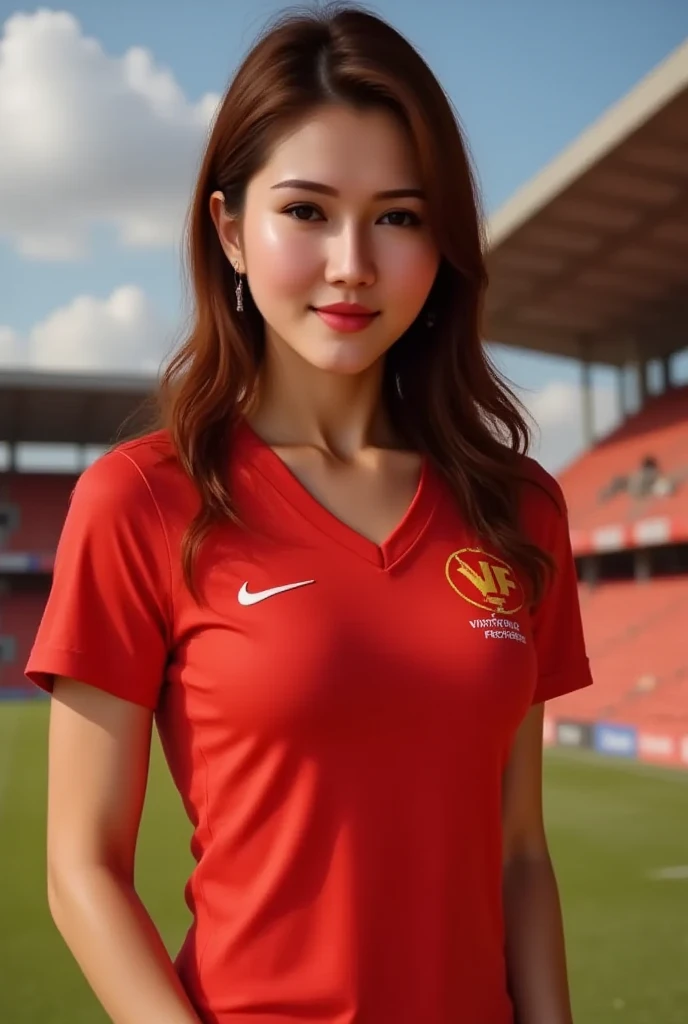 Lisamy, a woman, full body view, red Vietnamese football player shirt, VFF logo, perfect body, Viet Tri stadium