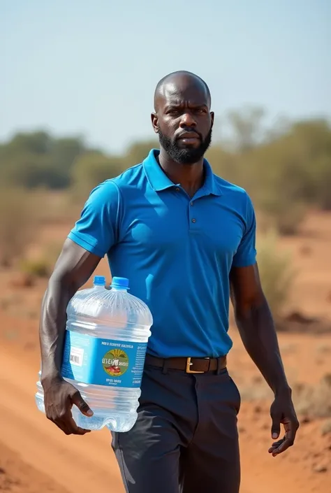 I need a picture of a black man wearing pants and a blue polo shirt carrying a 20-liter bottle of filtered water 