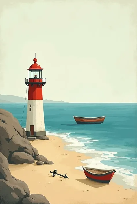  I need to see the sea to see a lighthouse with red details, a boat and in the sand a small anchor ,  and the art has to be as if it were done with a rustic brush , Make it abstract art 