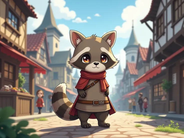   anime style, Raccoon with human features, femenino, regular size, civilian clothes, Medieval fantasy city.