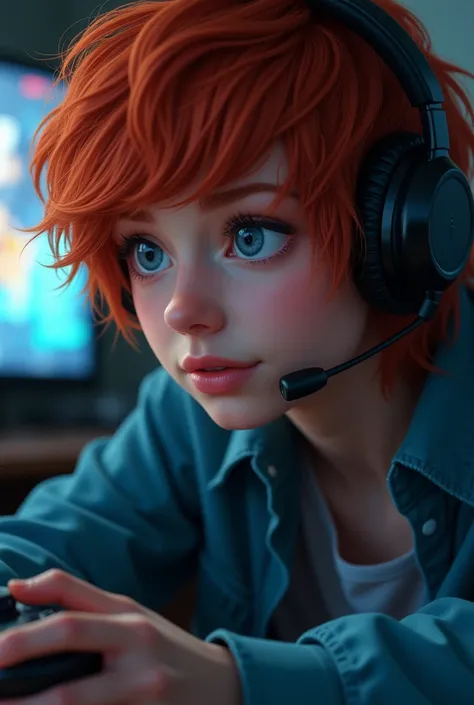 red-haired , Playing Play2 and with earpiece earphones 