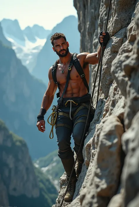 Handsome man climbing a steep cliff with complete equipment, face looks real 