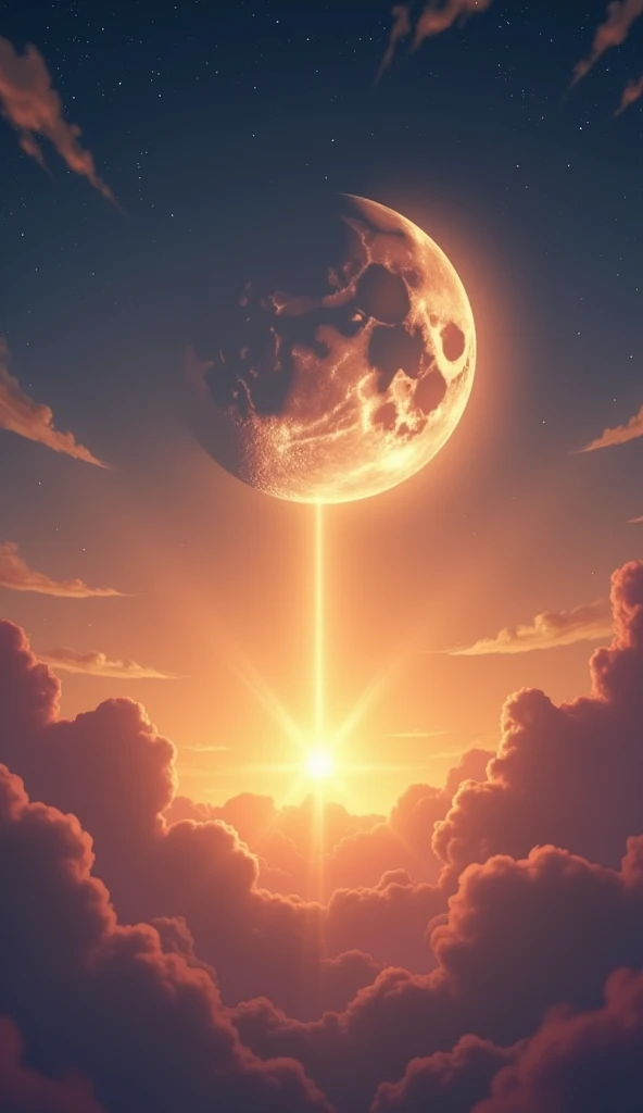 Prompt em inglês:

"An animated scene depicting the golden light of the sun flowing gracefully across the sky, casting warm rays towards the moon. As the sunlight reaches it, the moon begins to glow intensely, transitioning from a dim, silvery hue to a rad...