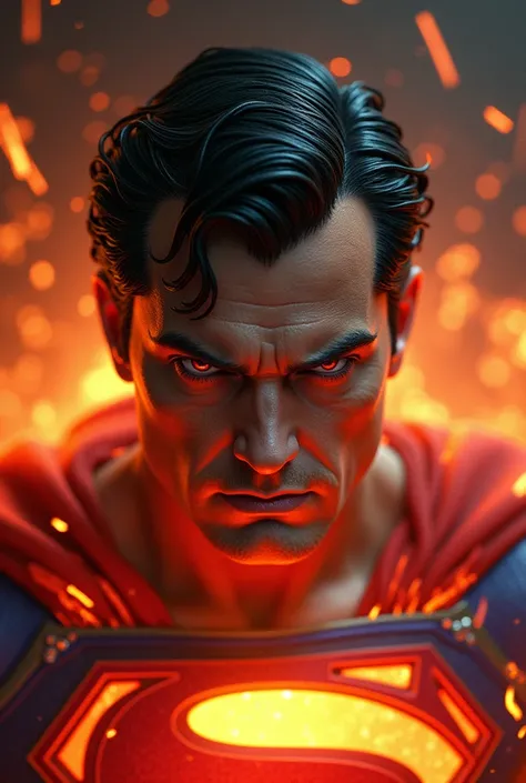  Supermans fierce face with filaments of fire flying around and deep red eyes.  3D fantasy and science fiction style .