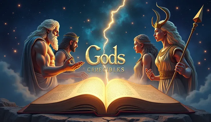  Conceptual illustration of a banner for a YouTube channel dedicated to gods and mythologies from various cultures.  The image must be large and present an epic and mystical environment . in the center,  a stylized figure from an ancient open book ,  with ...