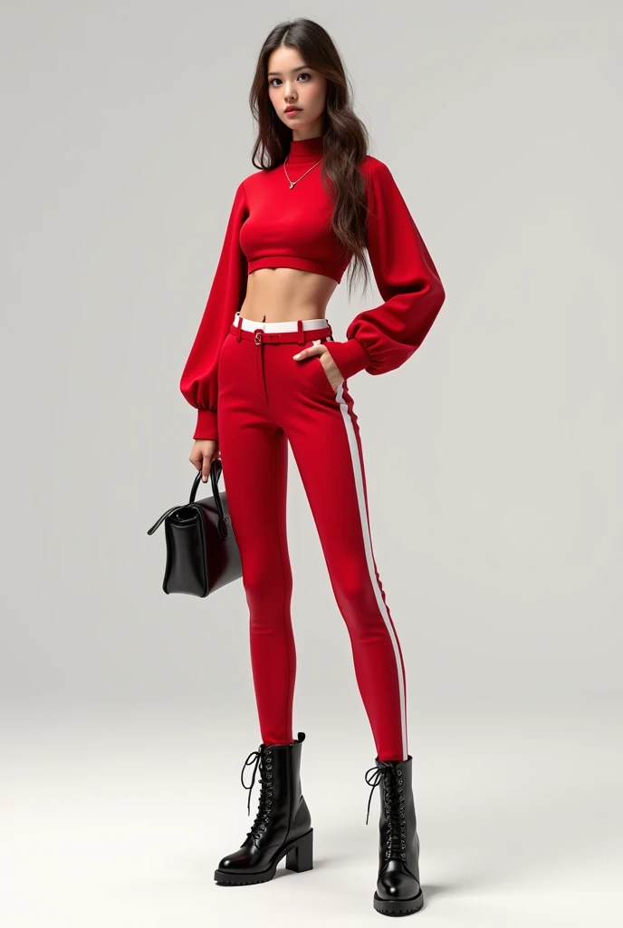 Red and white outfit pants tas boots na black for girl 