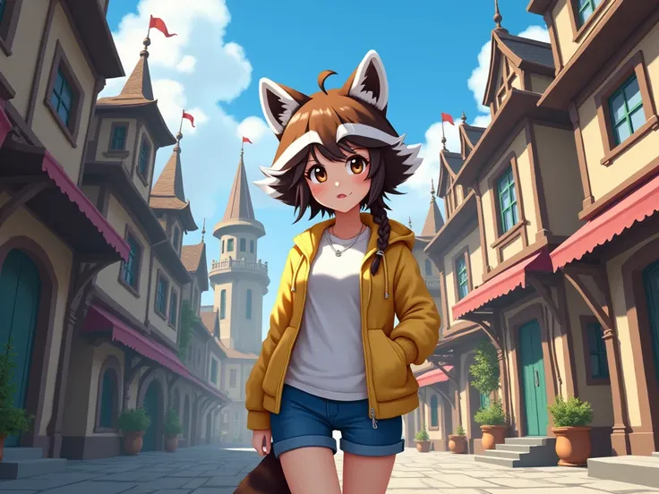   anime style, Raccoon with human features, femenino, high, civilian clothes, Medieval fantasy city.