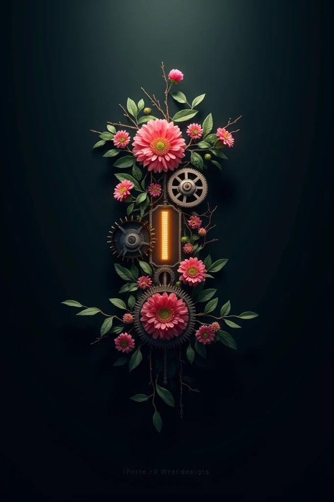 Create a logo with gears and flowers with the letter I in the middle, in a dark environment 