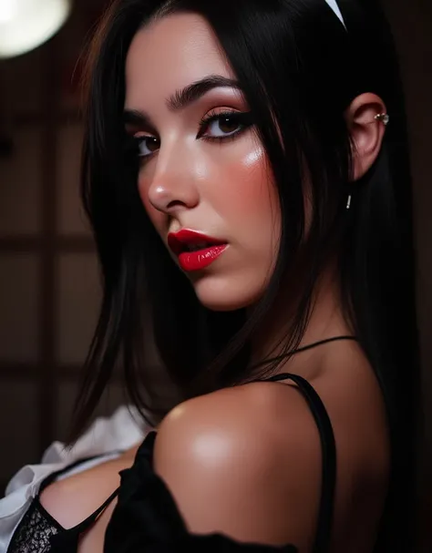 close up of a woman with full lips wearing a latex maid outfit, red lip gloss, eyeliner flicks, e girl makeup, shiny red lips, beautiful detailed eyes, beautiful detailed lips, extremely detailed eyes and face, long eyelashes, photorealistic, 8k, high qual...