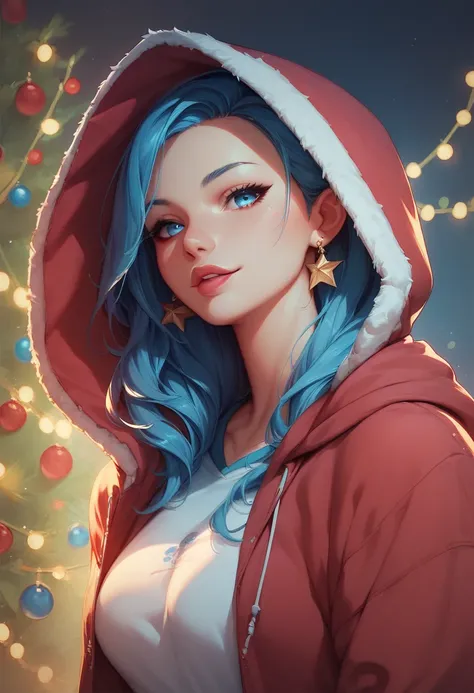 a cartoon girl with blue eyes wearing a hooded sweatshirt and some lipstick in a christmas lights scene, 1girl, hood, blue eyes, solo, earrings, jewelry, hoodie, looking at viewer, hood up, long hair