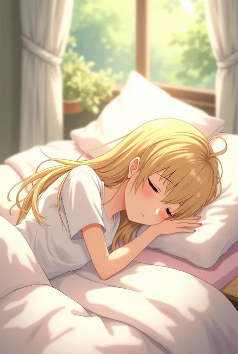 Can you create an anime girl with blond hair and wear a white shirt and lay off on the bed in the morning 