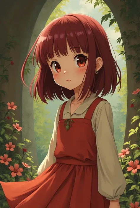  Create an image of a girl with straight hair on her shoulders with bangs on her forehead, Dark red hair of short stature as if it were a character from Studio Ghibli in the anime The Journey of Chihiro with a full body 