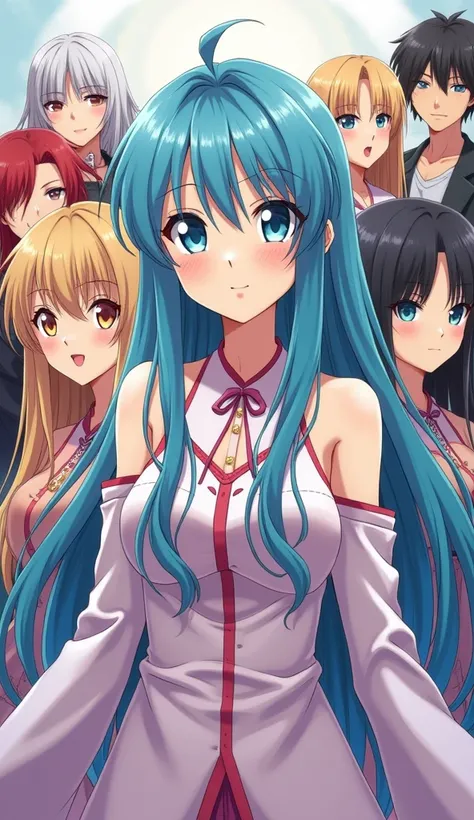 A beautiful anime female surrounded by three handsome males and five beautiful females, one female was blue-green long coloured hair, another female with golden long hair, another female was long white hair and female with black coloured hair and the last ...