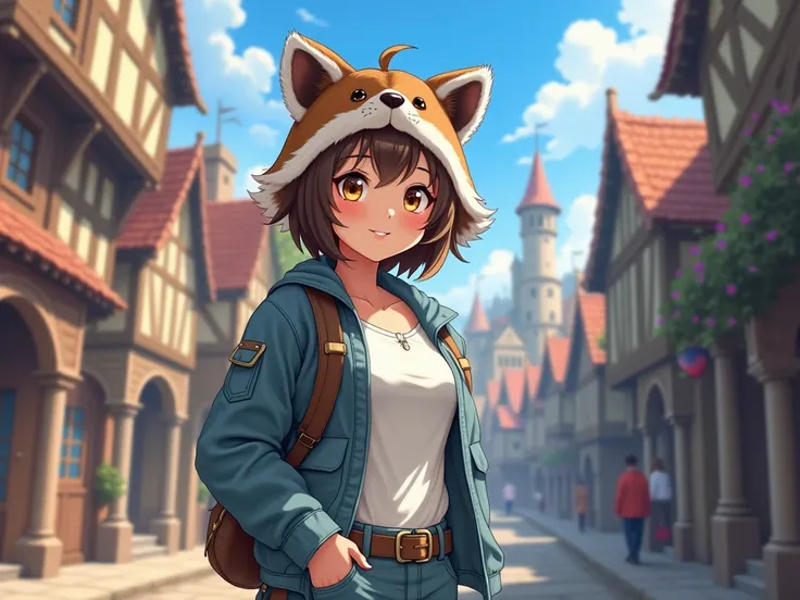   anime style, Raccoon with human features, femenino, high, civilian clothes, Medieval fantasy city.