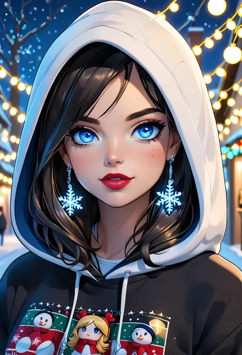 a cartoon girl with blue eyes wearing a hooded sweatshirt and some lipstick in a christmas lights scene, 1girl, hood, blue eyes, solo, earrings, jewelry, hoodie, looking at viewer, hood up, long hair