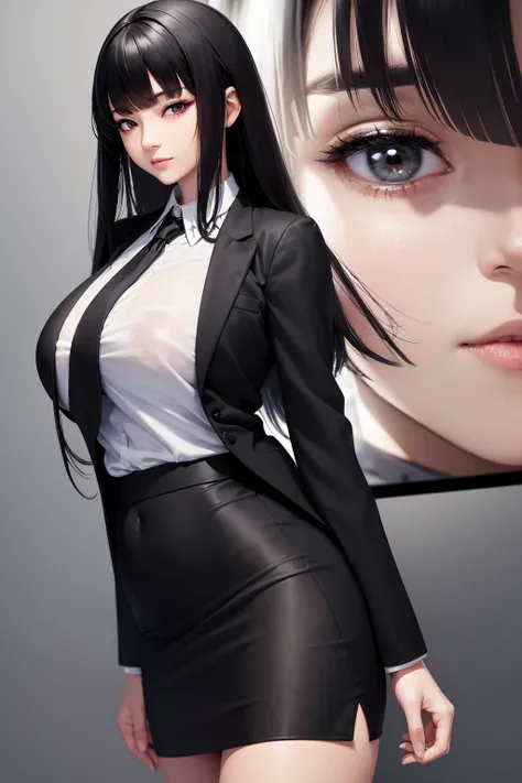 (ultra-detailed),( Japanese woman with a viewing angle of,Age 30),(OL, office lady, business suit, black jacket ,white u neck t-shirt, black skirt:1.5),( dark eyes,Slanted Eyes:1.2),( very big breasts:1.5),( thin waist),( big thighs :1.2),( black hair, lon...