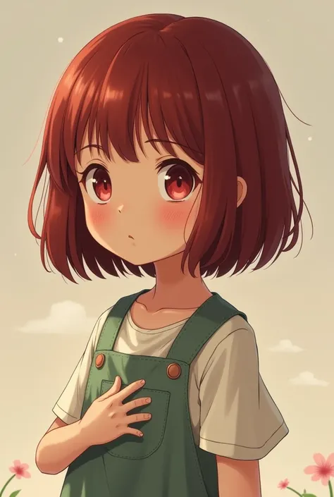  Create an image of a girl with straight hair on her shoulders with bangs on her forehead, Dark red hair of short stature as if it were a character from Studio Ghibli in the anime The Journey of a Full-Body Chihiro with Medium Breasts 