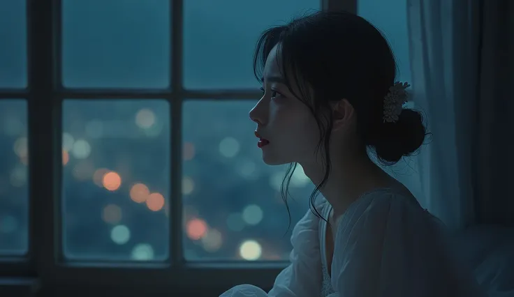 "A melancholic scene focusing on a young woman sitting alone by a dimly lit window. Her face is illuminated by soft moonlight, emphasizing her teary eyes and the deep sorrow in her expression. She wears a simple yet elegant dress in muted tones, symbolizin...