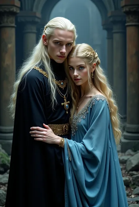 Charlie vicken actor man sauron Young hair long White blonde, eyes blue annatar elf black tunic decoration around the neck and wide gold belt black velvet tunic the lord of the rings next to Morfydd Clark galadriel woman long hair blonde black blue eyes dr...