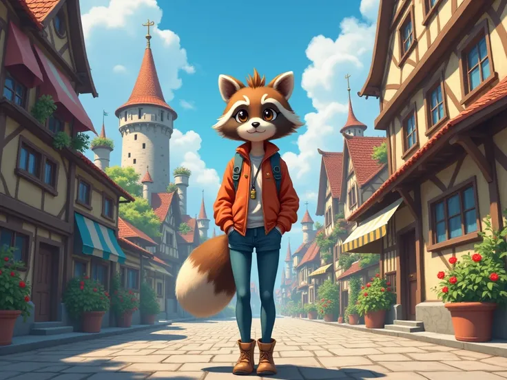   anime style, Raccoon with human features, femenino, high, civilian clothes, Medieval fantasy city.