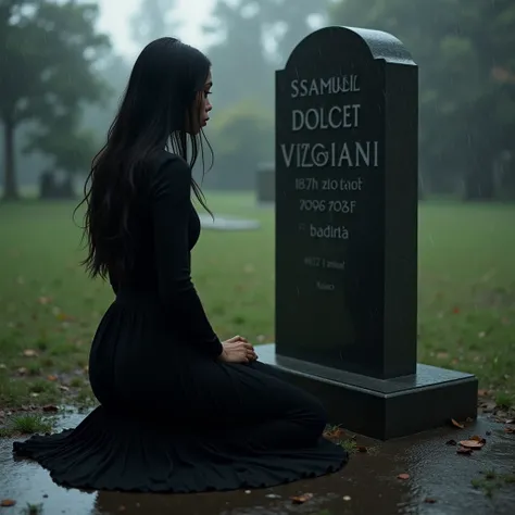 25 year old woman kneeling in front of a tombstone bearing the name of Samuel Dolcet Vizgiani which also says at the bottom 1998-2025, it is raining, she is dressed completely in black and her hair falls down her back, long and black, she has a small waist...