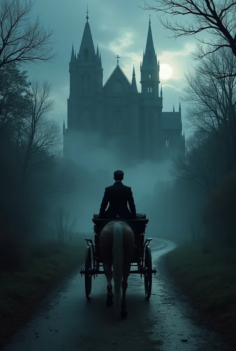  A Young Man, dressed in Victorian clothing ,  ride a carriage in front of a huge Gothic castle on a dark mountain, with dark clouds and a gloomy forest in the background .