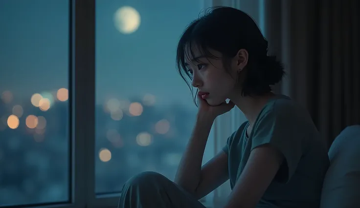 "A melancholic scene focusing on a young woman sitting alone by a dimly lit window. Her face is illuminated by soft moonlight, emphasizing her teary eyes and the deep sorrow in her expression. She wears a simple yet elegant dress in muted tones, symbolizin...