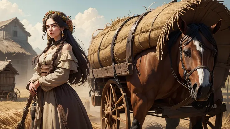 A striking portrait of a woman with long, flowing hair, adorned in earthy accessories, stands beside a rustic wooden cart full of hay. The style has bold, textured strokes and warm colours.