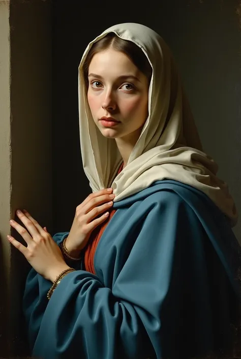 Religious paintings by Johannes Vermeer。Virgin Mary。 looking at camera