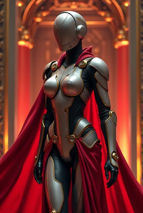 Woman in robot armor, Flaming Knight, The color of the image is red.,  The design is based on European medieval knight armor., The overall shape is feminine, The face is protected by a mask, (((((Machines can be seen through the gaps in the armor..)))), Th...