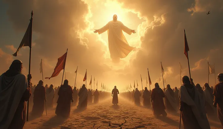  The scene portrays a vast panorama where the people of Israel , with their weapons and flags ,  advances against an unholy city ,  symbolizing Israels role as an instrument of divine judgment . IN THE SKY,  a majestic and ethereal figure of God observe fr...